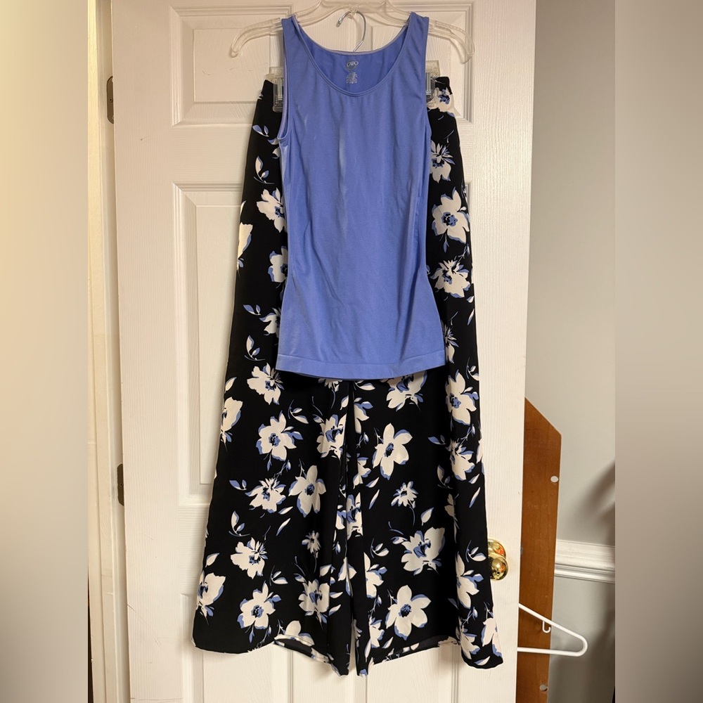 Cato Periwinkle Top with Black and White Floral Palazzo pants.